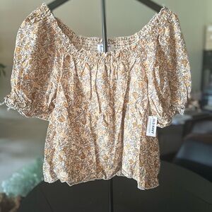 Old Navy Cream and Brown Puff Sleeve Crop Blouse